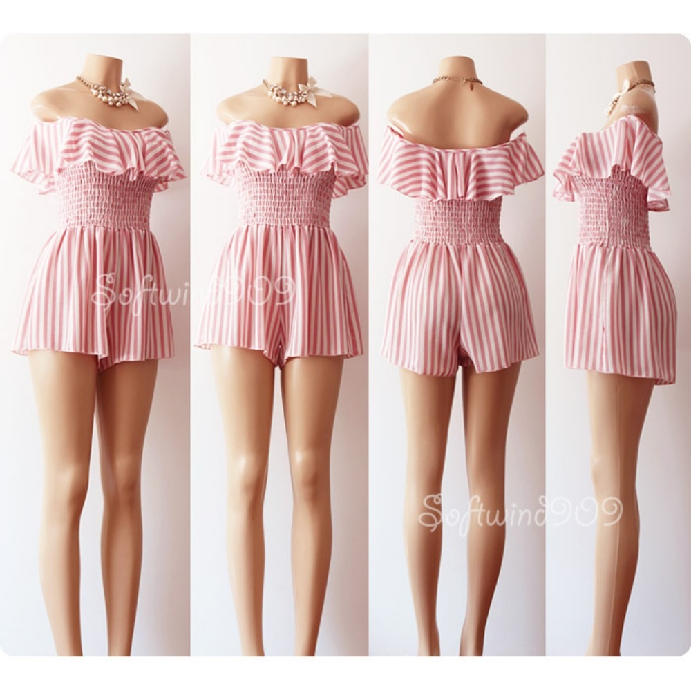Last One☝️ Pink Striped Off Shoulder Ruffle Romper - Picture 6 of 8